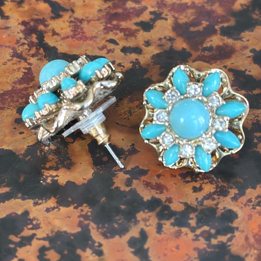 JCrew Vintage Flower Turquoise Enamel Stone Bead CZ Gem Stud GoldPlated Earring - Picture 2 of 6